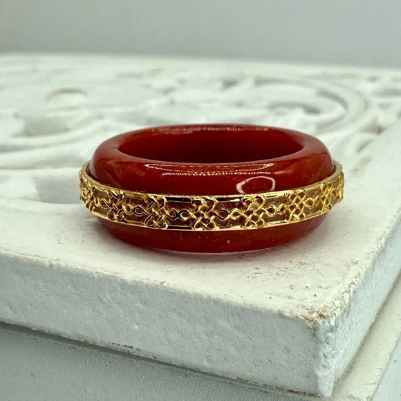 Red Jade Ruyi Knot Band Ring 18K Vermeil Over Sterling Silver Size 8 NWT - Picture 11 of 17